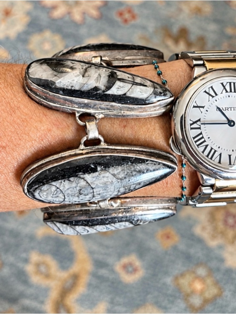 Vintage/Estate Sterling Silver Black & White Fossil Bracelet